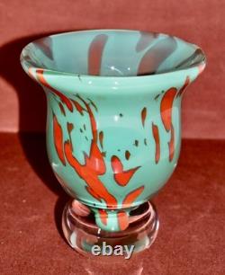 Vintage Turquoise & Red Art Glass Signed Small Vase/Bowl