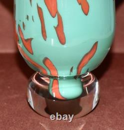 Vintage Turquoise & Red Art Glass Signed Small Vase/Bowl