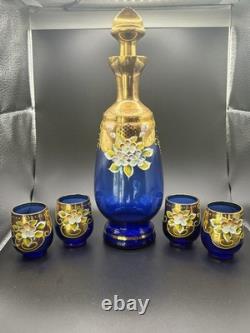 Vintage Ucagco Japan Decanter Vase Blue Glass Flower With 4 Shot Glasses