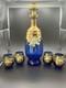 Vintage Ucagco Japan Decanter Vase Blue Glass Flower With 4 Shot Glasses