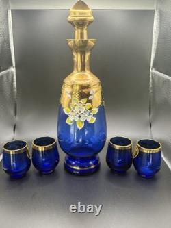 Vintage Ucagco Japan Decanter Vase Blue Glass Flower With 4 Shot Glasses