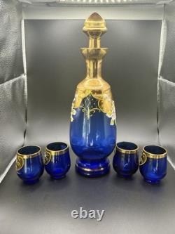 Vintage Ucagco Japan Decanter Vase Blue Glass Flower With 4 Shot Glasses