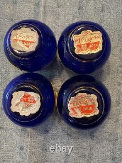 Vintage Ucagco Japan Decanter Vase Blue Glass Flower With 4 Shot Glasses