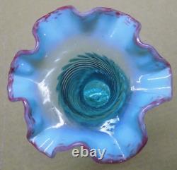 Vintage Unique Fenton Aqua Swirled Vase withOpalescent Blue Ruffle & Mauve Crest