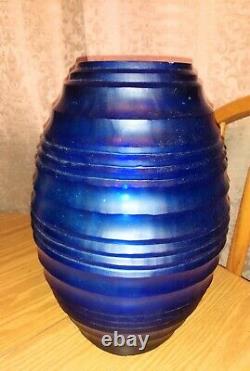 Vintage Unsigned Art Glass Battuto Cut Blue/purple Beehive Ringed Mystery Vase
