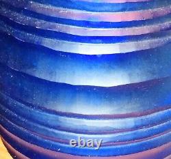 Vintage Unsigned Art Glass Battuto Cut Blue/purple Beehive Ringed Mystery Vase