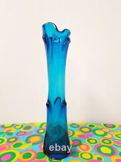 Vintage VIKING Glass 1960's TUNDRA Pattern Mid-Century MOD BLUENIQUE Swung VASE
