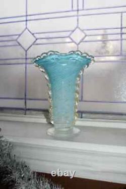 Vintage Venetian Murano Footed Blue Glass Vase with Gold Mica