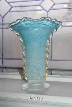 Vintage Venetian Murano Footed Blue Glass Vase with Gold Mica