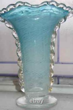 Vintage Venetian Murano Footed Blue Glass Vase with Gold Mica