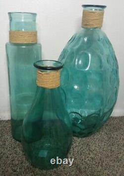Vintage Vidrios San Miguel Large Recycled Thumbprint Blue Glass Vase (Set Of 3)