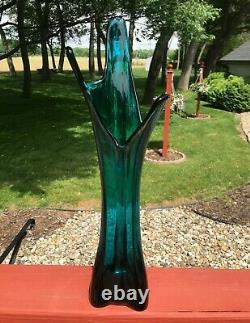 Vintage Viking Art Glass Epic 3 Foil Swung Vase Teal Bluenique Mid Century MCM