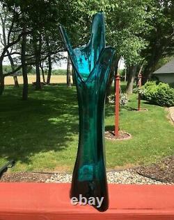 Vintage Viking Art Glass Epic 3 Foil Swung Vase Teal Bluenique Mid Century MCM
