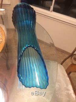 Vintage Viking Art Glass Peacock Blue Tall 20.5 Ribbed Swung Floor Vase MCM