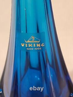 Vintage Viking Glass Column Cobalt Blue Swung Glass Vase 6 Panel 13 with Sticker