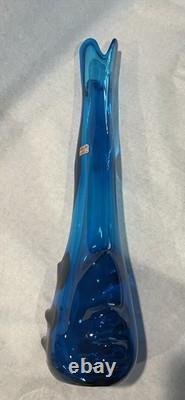 Vintage Viking Swung Glass Vase 22 Tall Blue Bluenique Nubs Paper Label MCM