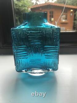 Vintage WHITEFRIARS Kingfisher Blue Stitched Cube Vase