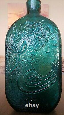 Vintage Wayne Husted Mid Century Empoli Teal Blue Glass Bottle Dove With Flowers