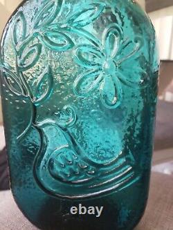 Vintage Wayne Husted Mid Century Empoli Teal Blue Glass Bottle Dove With Flowers