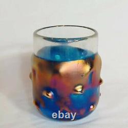 Vintage blue and clear Art Glass Drinking Glass with iridescent finish