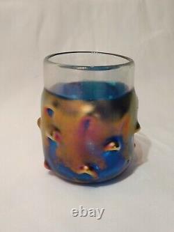 Vintage blue and clear Art Glass Drinking Glass with iridescent finish