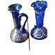 Vintage cobalt blue glass vase pitcher Gold Hand Painted Desigm Middle East Holy