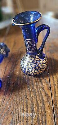 Vintage cobalt blue glass vase pitcher Gold Hand Painted Desigm Middle East Holy