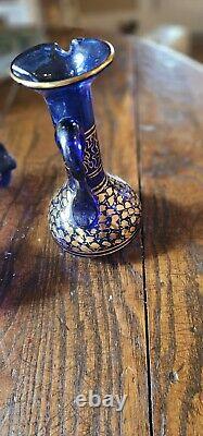 Vintage cobalt blue glass vase pitcher Gold Hand Painted Desigm Middle East Holy