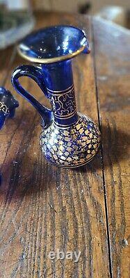 Vintage cobalt blue glass vase pitcher Gold Hand Painted Desigm Middle East Holy