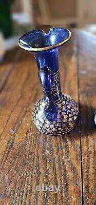 Vintage cobalt blue glass vase pitcher Gold Hand Painted Desigm Middle East Holy