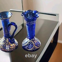 Vintage cobalt blue glass vase pitcher Gold Hand Painted Desigm Middle East Holy