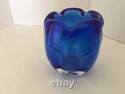 Vintage cobalt blue heavy glass vase-5 flower lips or may use for a bouquet H 5