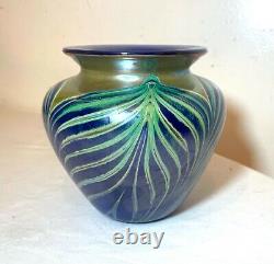 Vintage hand blown Fellerman 86 pulled feather signed blue studio glass vase