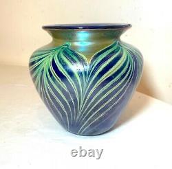 Vintage hand blown Fellerman 86 pulled feather signed blue studio glass vase