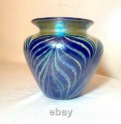 Vintage hand blown Fellerman 86 pulled feather signed blue studio glass vase