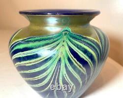 Vintage hand blown Fellerman 86 pulled feather signed blue studio glass vase