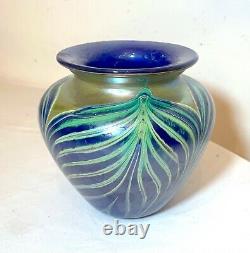 Vintage hand blown Fellerman 86 pulled feather signed blue studio glass vase