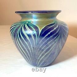 Vintage hand blown Fellerman 86 pulled feather signed blue studio glass vase