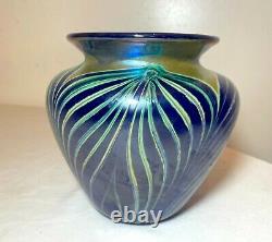 Vintage hand blown Fellerman 86 pulled feather signed blue studio glass vase