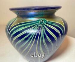 Vintage hand blown Fellerman 86 pulled feather signed blue studio glass vase