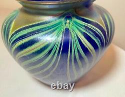 Vintage hand blown Fellerman 86 pulled feather signed blue studio glass vase