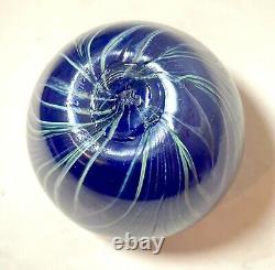 Vintage hand blown Fellerman 86 pulled feather signed blue studio glass vase