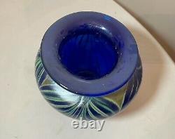 Vintage hand blown Fellerman 86 pulled feather signed blue studio glass vase