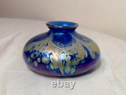 Vintage hand blown Kent Fiske blue iridescent art glass splatter vase sculpture