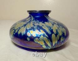 Vintage hand blown Kent Fiske blue iridescent art glass splatter vase sculpture