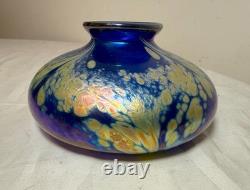 Vintage hand blown Kent Fiske blue iridescent art glass splatter vase sculpture
