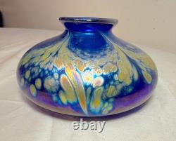 Vintage hand blown Kent Fiske blue iridescent art glass splatter vase sculpture