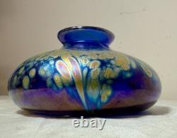 Vintage hand blown Kent Fiske blue iridescent art glass splatter vase sculpture