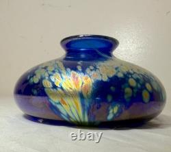 Vintage hand blown Kent Fiske blue iridescent art glass splatter vase sculpture