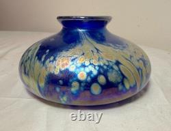 Vintage hand blown Kent Fiske blue iridescent art glass splatter vase sculpture